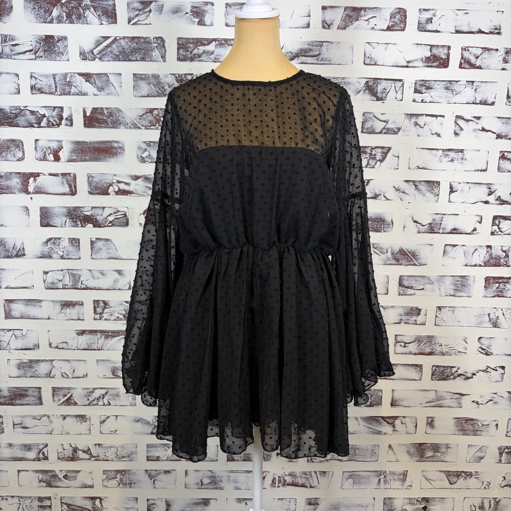 Boohoo Romper Size 6 Black Sheer Swiss Dot Flowy Dark Fairy Boho Whimsical Glam‎